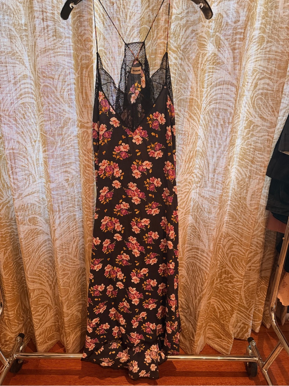 Floral Lace-Trim Black Maxi Slip Dress - Pink Floral - Picture 1 of 3